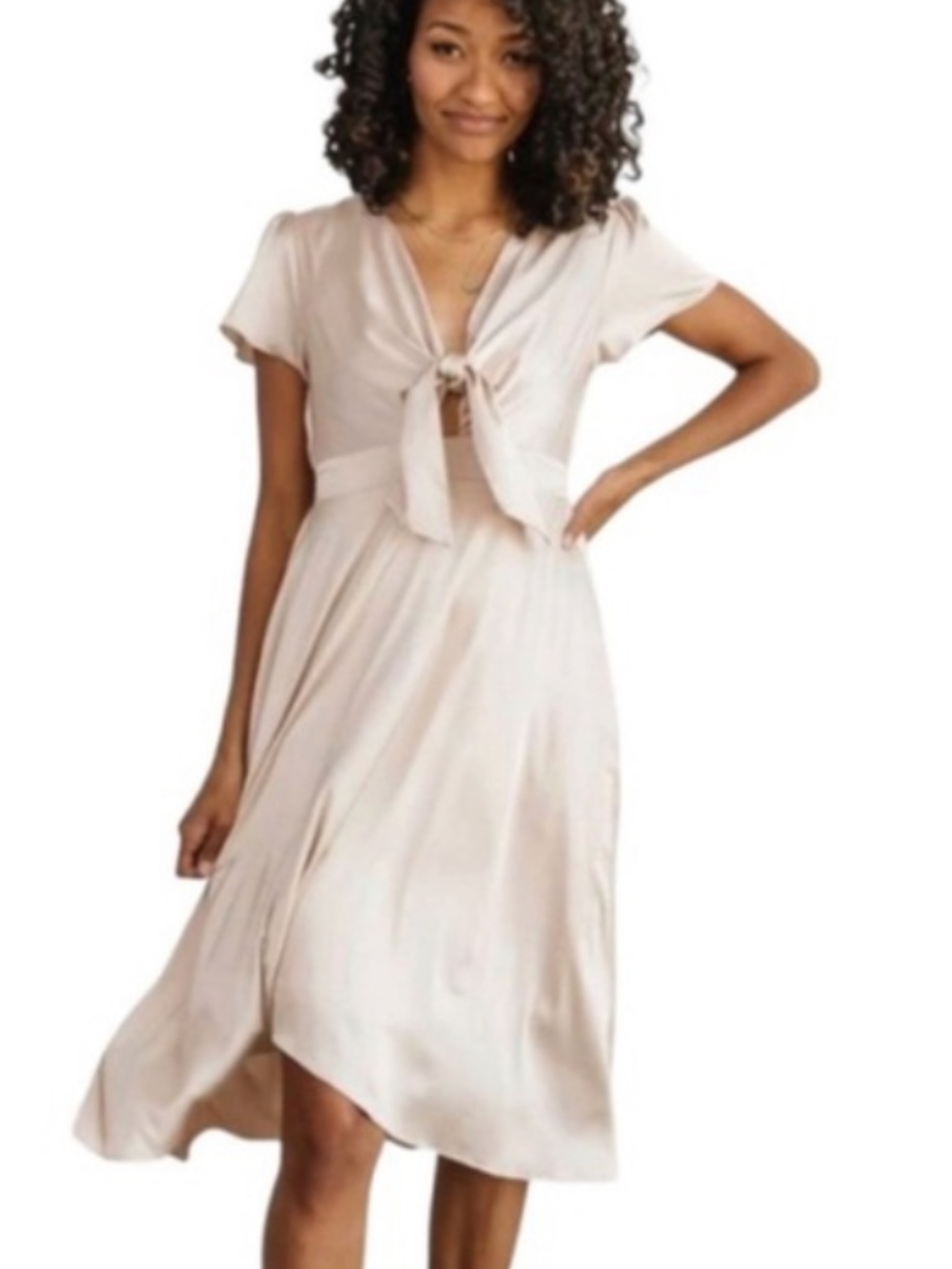 NWT Baltic Born Poppy Satin Midi Dress V-Neck Open Tie Front in Champagne Sz XL